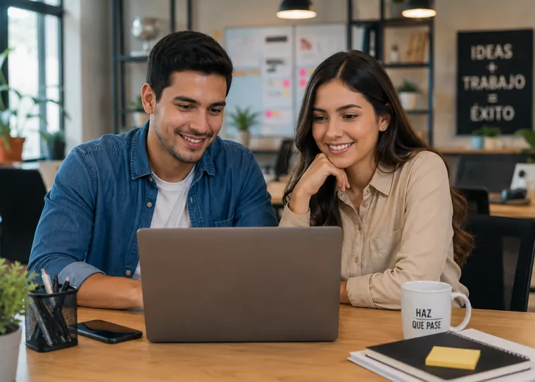 Dos emprendedores argentinos sonriendo mientras miran juntos la pantalla de una laptop en su oficina
