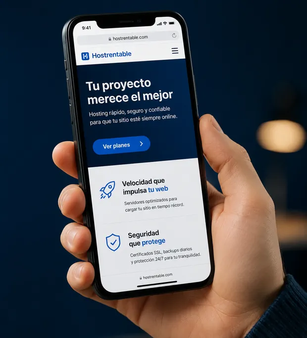 Mano sosteniendo un teléfono que muestra el sitio web de HostRentable, rápido y seguro